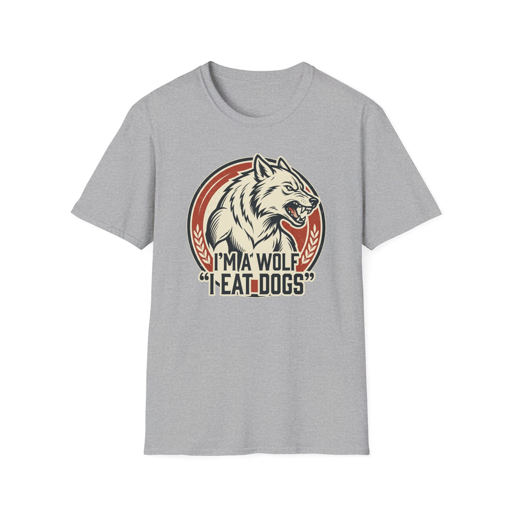 Wolf Graphic T-Shirt — Retro 'I'm a Wolf I Eat Dogs' Novelty Tee