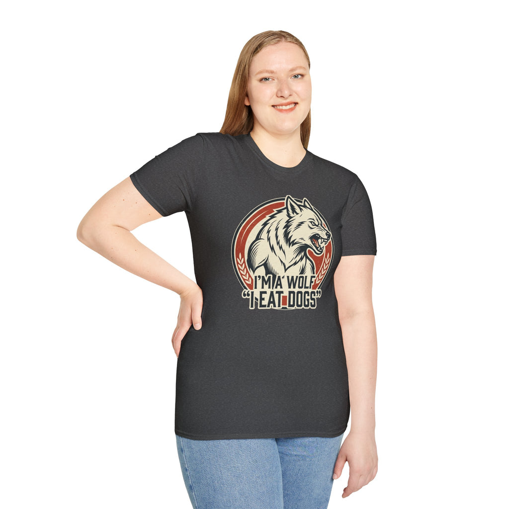 Wolf Graphic T-Shirt — Retro 'I'm a Wolf I Eat Dogs' Novelty Tee
