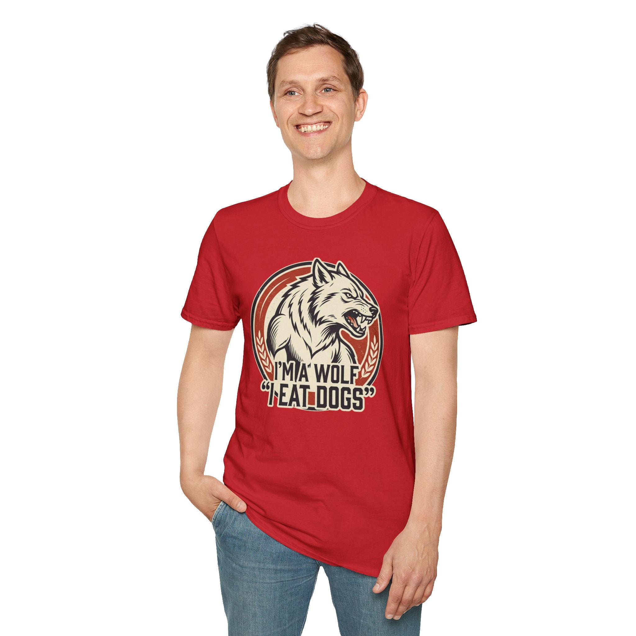 Wolf Graphic T-Shirt — Retro 'I'm a Wolf I Eat Dogs' Novelty Tee