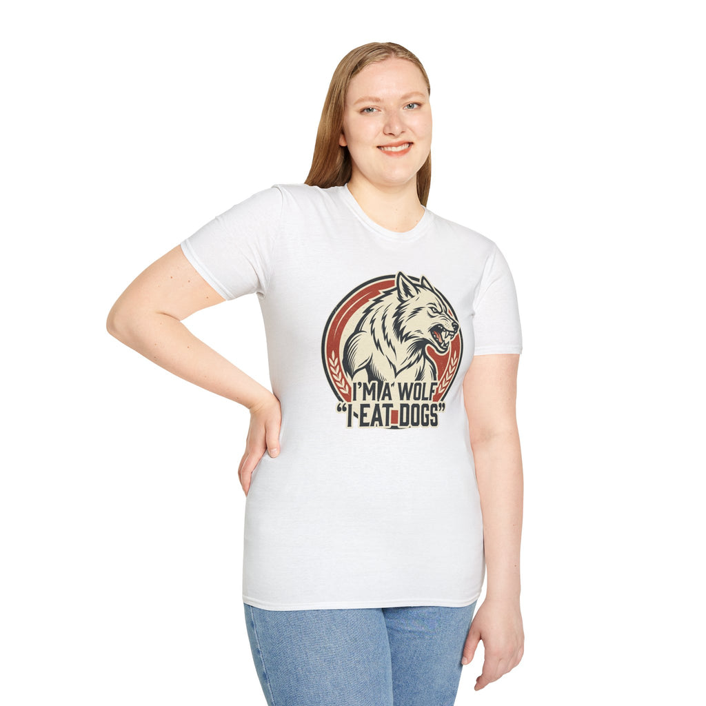 Wolf Graphic T-Shirt — Retro 'I'm a Wolf I Eat Dogs' Novelty Tee