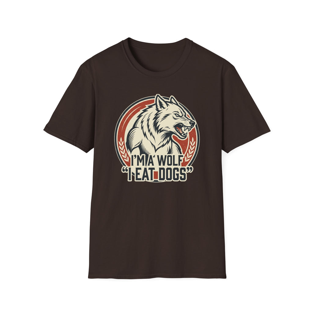 Wolf Graphic T-Shirt — Retro 'I'm a Wolf I Eat Dogs' Novelty Tee