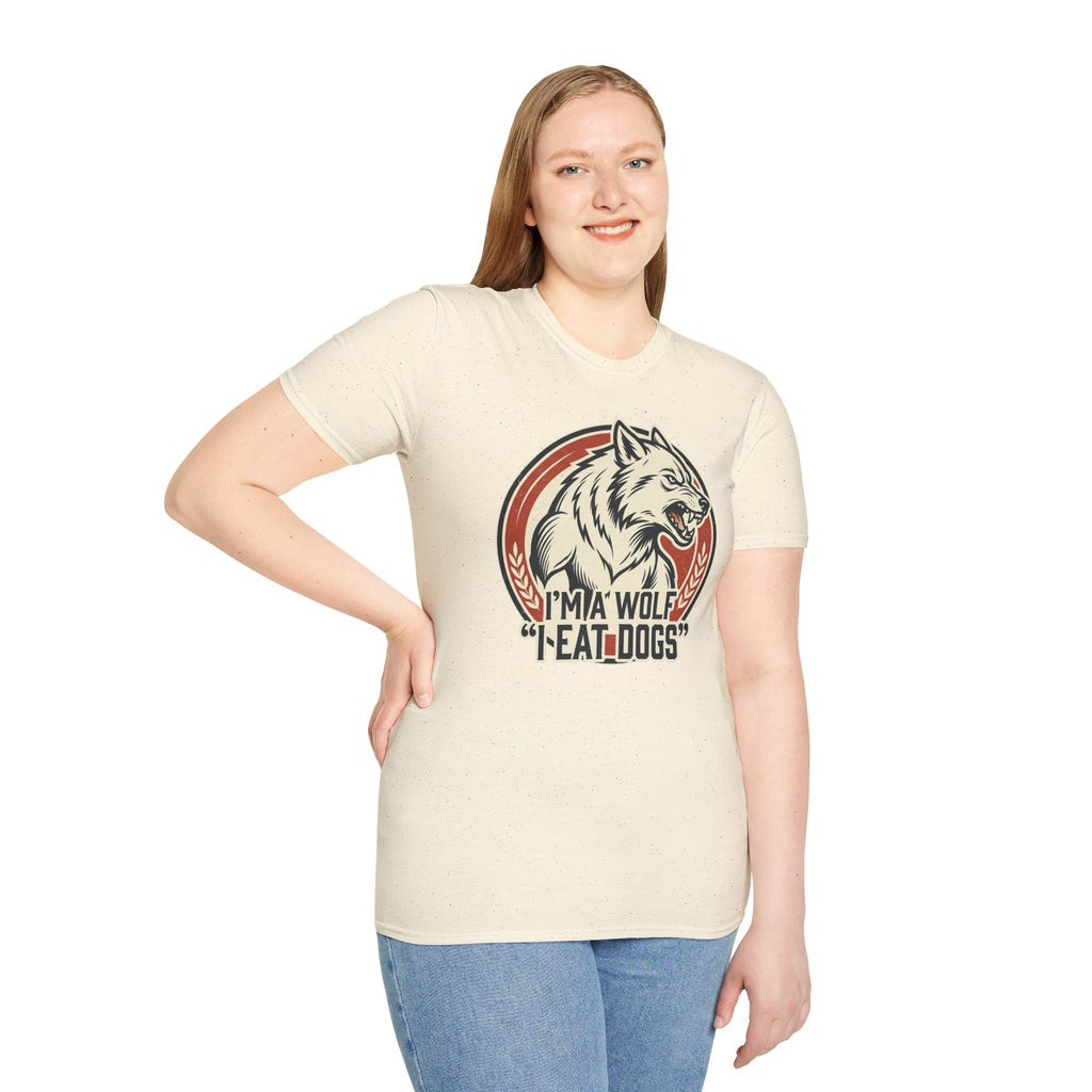 Wolf Graphic T-Shirt — Retro 'I'm a Wolf I Eat Dogs' Novelty Tee