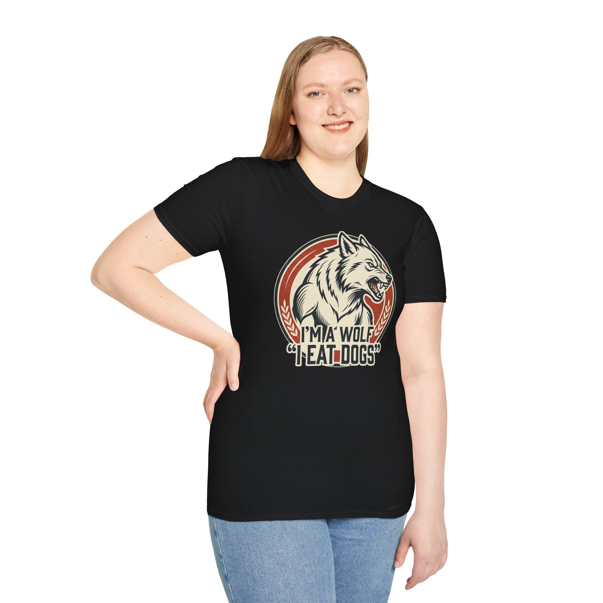 Wolf Graphic T-Shirt — Retro 'I'm a Wolf I Eat Dogs' Novelty Tee