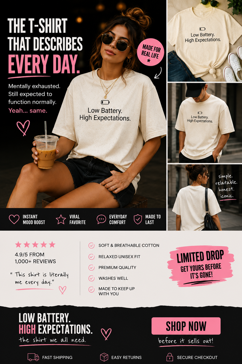 T-Shirt "Low Battery. High Expectations."