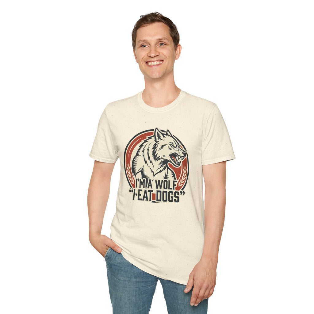 Wolf Graphic T-Shirt — Retro 'I'm a Wolf I Eat Dogs' Novelty Tee